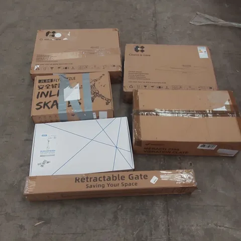 PALLET OF ASSORTED ITEMS INCLUDING: COOKER HOODS, VIBRATION PLATE, DERW SHOWER SYSTEM, RETRACTABLE GATE, INLINE SKATES ECT