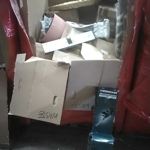 PALLET OF ASSORTED HOUSEHOLD GOODS AND PRODUCTS TO INCLUDE; CORDLESS HEDGE TRIMMERS, BOXED FURNITURE ETC