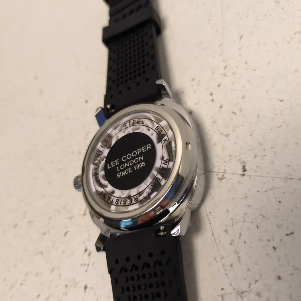 LEE COOPER LONDON SKELETON WATCH – STAINLESS STEEL BACK, BLACK PERFORATED RUBBER STRAP
