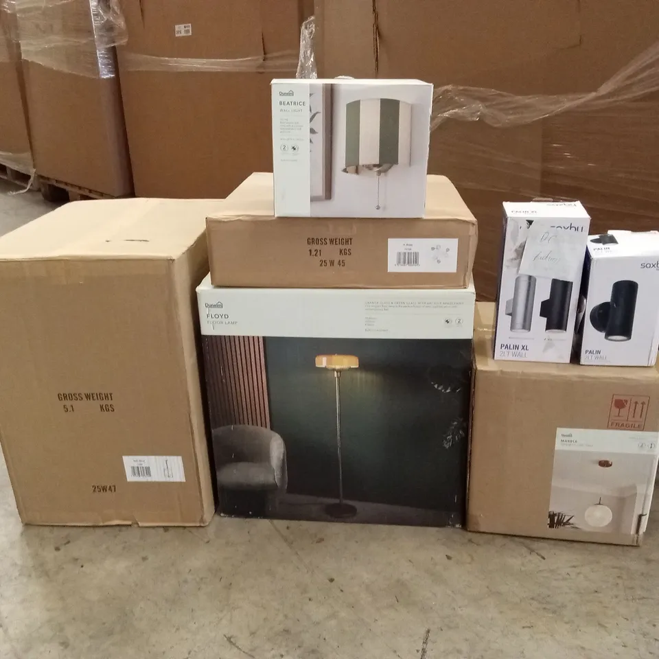 PALLET TO CONTAIN APPROXIMATELY 24 DESIGNER INDOOR LIGHTING PRODUCTS TO INCLUDE; CEILING LIGHTS, WALL LIGHTS, FLOOR LAMP ETC