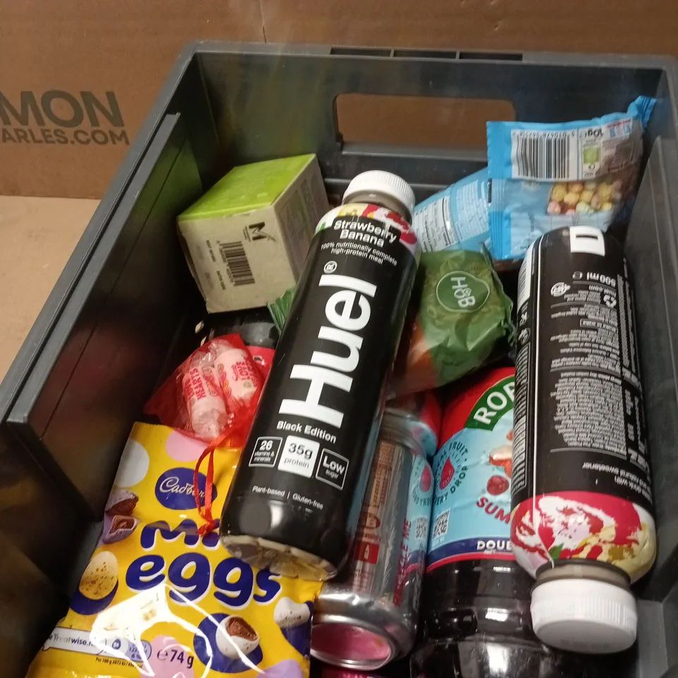 APPROXIMATELY 12 ASSORTED FOOD AND DRINK ITEMS INCLUDING H&B MILK CHOCOLATE HAZELNUTS AND HUEL STAWBERRY AND BANANA DRINK 