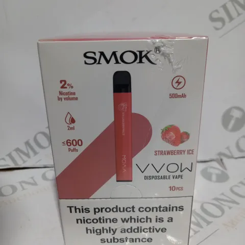 BOXED CELLOPHANE-WRAPPED PACK OF TEN SMOK VVOW DISPOSABLE VAPES- STRAWBERRY ICE