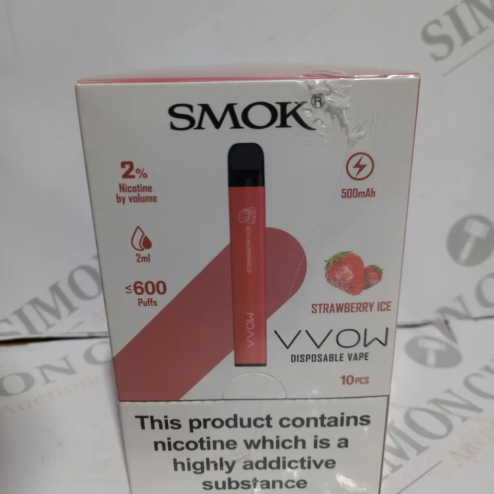 BOXED CELLOPHANE-WRAPPED PACK OF TEN SMOK VVOW DISPOSABLE VAPES- STRAWBERRY ICE