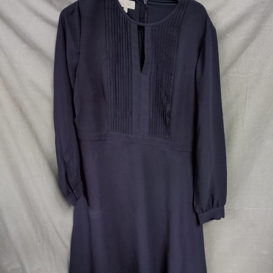 HOBBS LONDON NAVY DRESS, UK 14, PLEATED FRONT DETAIL, BACK ZIP