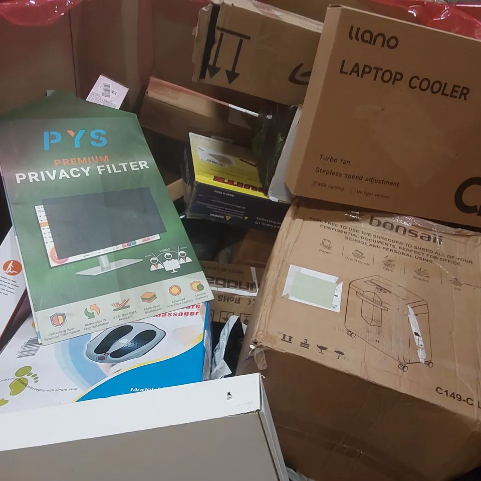 PALLET OF ASSORTED HOUSEHOLD GOODS AND PRODUCTS TO INCLUDE: BONSAII PAPER SHREDDER, 13" FLOORING CUTTER, FOOT MASSAGER, LAPTOP COOLER ECT