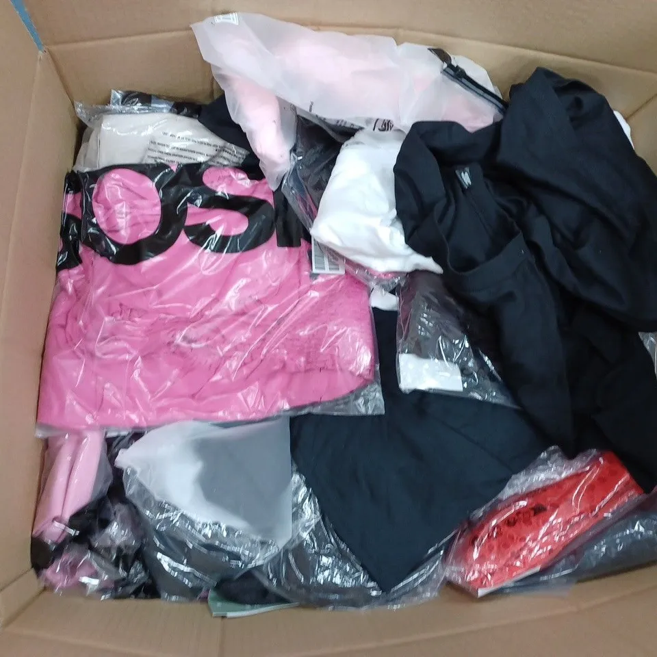  BOX OF ASSORTED CLOTHING ITEMS TOO INCLUDE DRESSES , SHIRTS AND TROUSERS IN VARIOUS SIZES AND COLOURS   