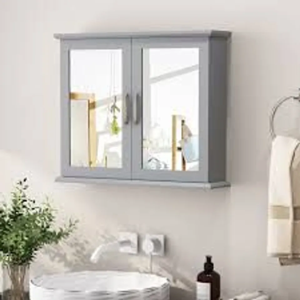 BOXED COSTWAY 2 SHELF GREY WALL MOUNTED BATHROOM CABINET WITH MIRROR DOOR