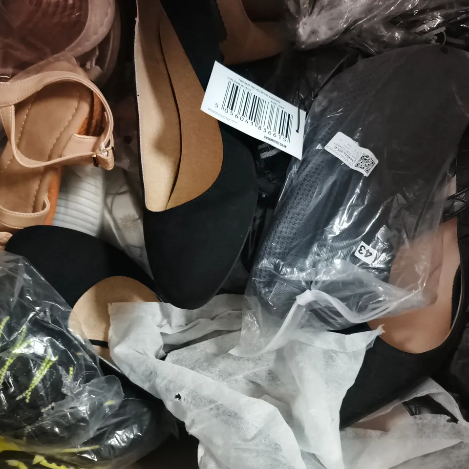 BOX OF APPROXIMATELY 15 ASSORTED PAIRS OF SHOES AND FOOTWEAR ITEMS IN VARIOUS COLOURS, STYLES, AND SIZES - COLLECTION ONLY