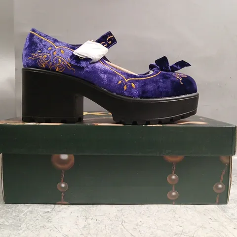 BOXED PAIR OF KOI TIRA VELVET MARY JANES ROYAL MANOR EDITION IN PURPLE SIZE UK 5