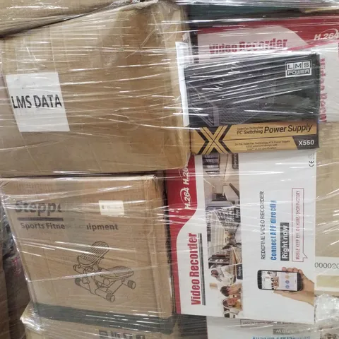 PALLET CONTAINING ASSORTED PRODUCTS INCLUDING VIDEO RECORDERS, SPORTS FITNESS STEPPER, PC POWER SUPPLY & P-4 PRO COOLING FAN
