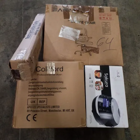 PALLET OF ASSORTED PRODUCTS INCLUDING OFFICE CHAIR, RICE COOKER, RETRACTABLE GATE, PROFESSIONAL HAIR DRYER