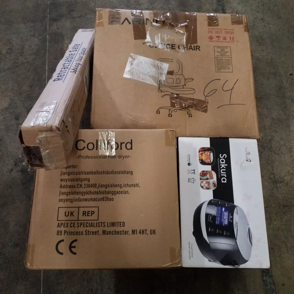 PALLET OF ASSORTED PRODUCTS INCLUDING OFFICE CHAIR, RICE COOKER, RETRACTABLE GATE, PROFESSIONAL HAIR DRYER