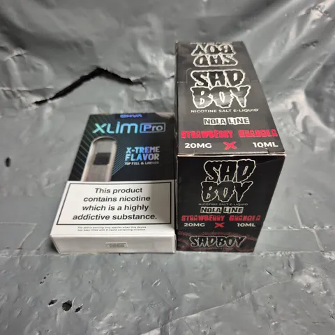APPROXIMATELY 12 ASSORTED E-CIGARETTE PRODUCTS TO INCLUDE SAD BOY E-LIQUID & XLIM PRO POD