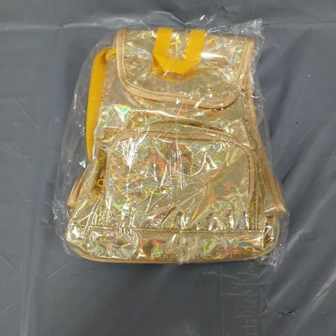 BOX OF APPROX 60 BAGS UNLIMITED HOLOGRAPHIC MINI BACKPACKS IN GOLD