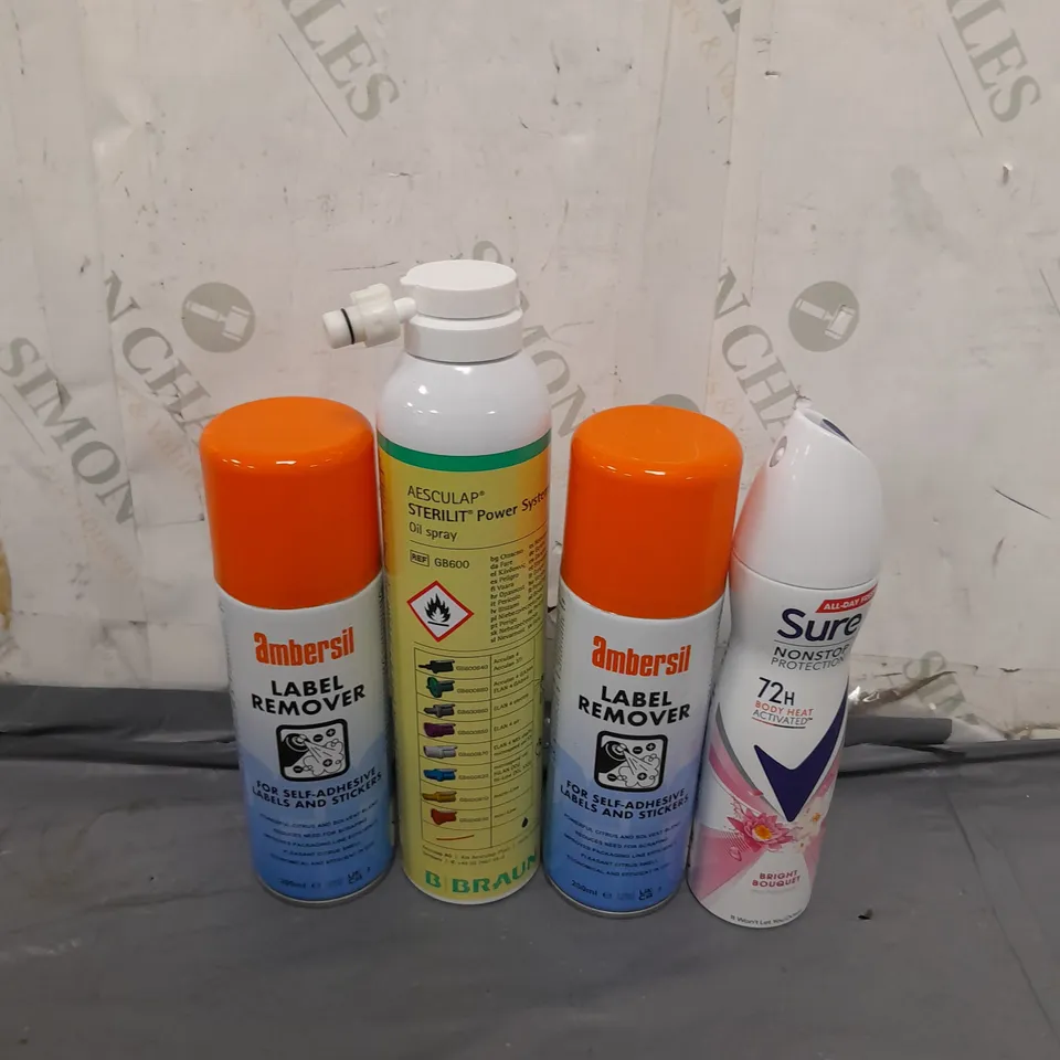 APPROXIMATELY 5 ASSORTED AEROSOL CANS TO INCLUDE SURE, LABEL REMOVER AND OIL SPRAY - COLLECTION ONLY