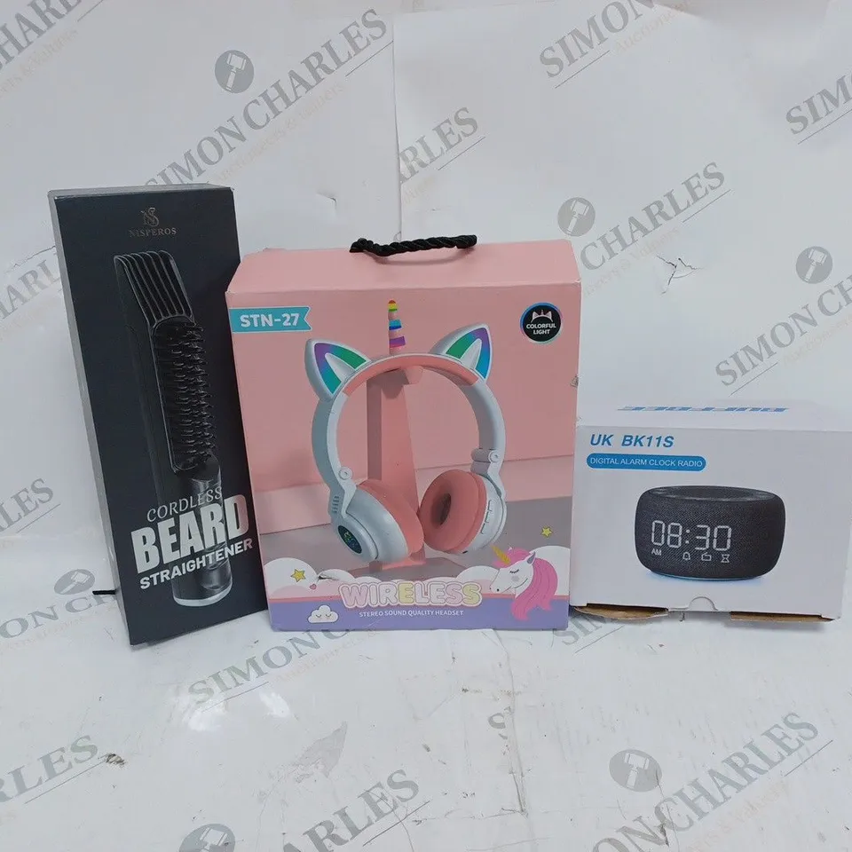 APPROXIMATELY 10 ASSORTED ITEMS TO INCLUDE CORDLESS BEAR STRAIGHTENER, KIDS WIRELESS HEADPHONES, DIGITAL ALARM CLOCK RADIO ETC.  