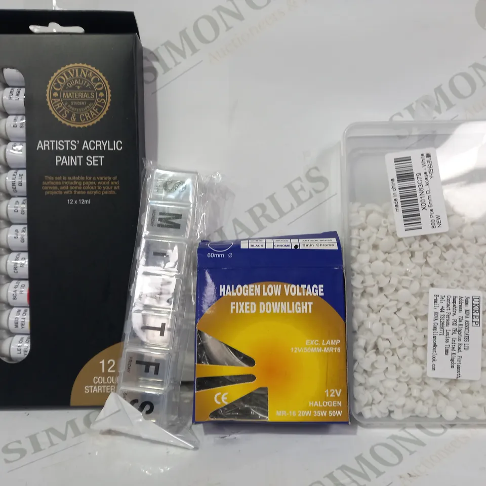 LOT OF APPROXIMATELY 10 ASSORTED HOUSEHOLD ITEMS TO INCLUDE HALOGEN LOW VOLTAGE FIXED DOWNLIGHT, WEEKLY PILL BOX PLANNER, ARTIST'S ACRYLIC PAINT SET, ETC
