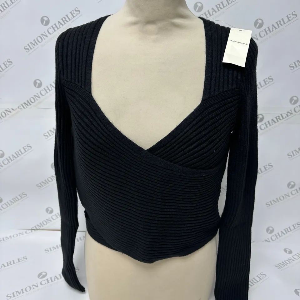 ABERCROMBIE & FITCH CROSSBODY LONG SLEEVED TOP IN BLACK SIZE L