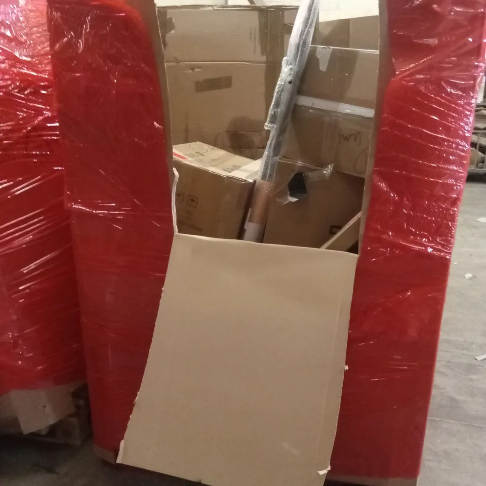 PALLET OF ASSORTED HOUSEHOLD GOODS AND PRODUCTS TO INCLUDE; FOLDING HANGING CHAIR, SUITCASE, UNDER DESK ELLIPTICAL MACHINE ETC