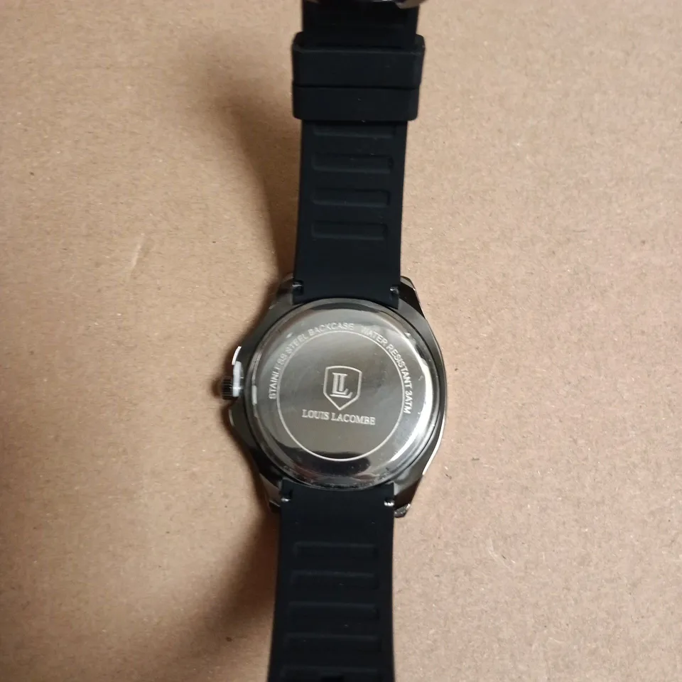 BOXED LOUIS LACOMBE BLACK DIAL WRISTWATCH WITH RUBBER STRAP