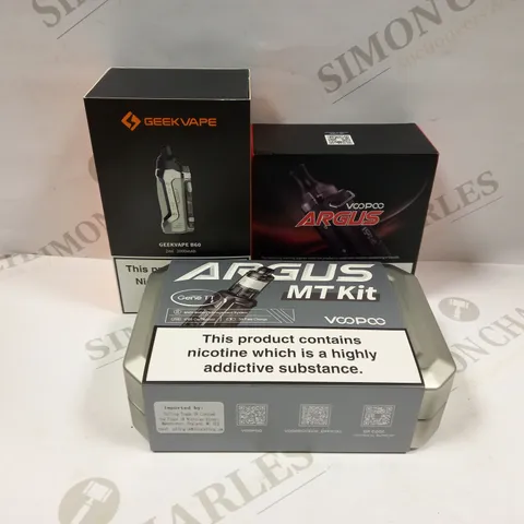 BOX OF APPROXMATELY 28 E-CIGARETTES AND LIQUIDS TO INCLUDE VOOPOO ARGUS MT KIT, GEEKVAPE B60 2ML, VOOPOO ARGUS, ETC