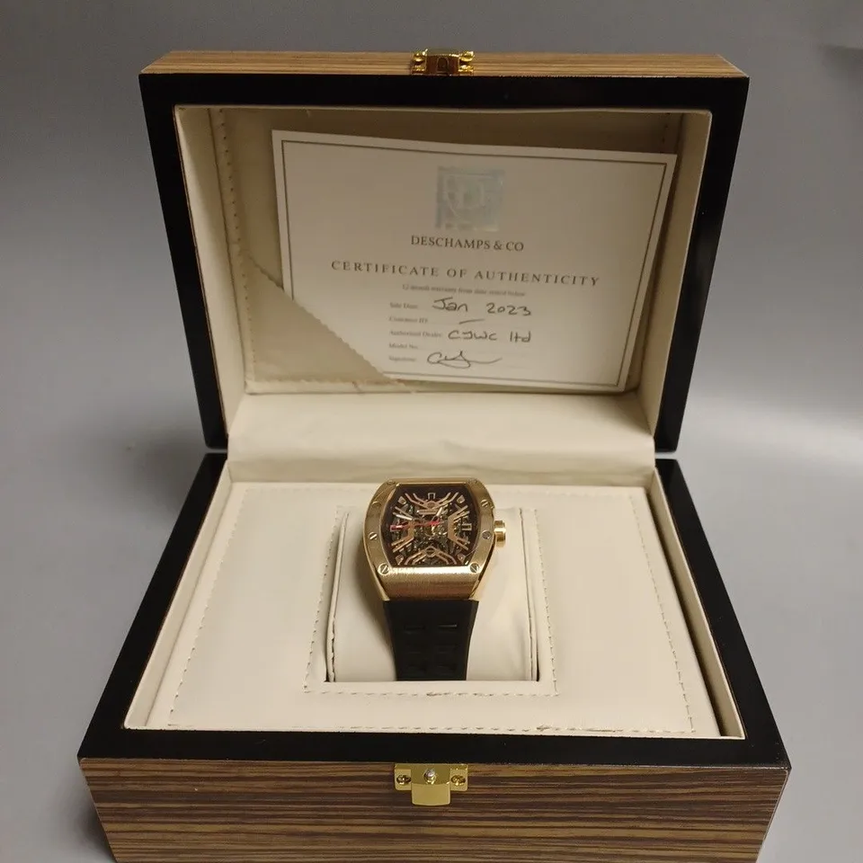 MENS AUTOMATIC DESCHAMPS & CO WATCH – SKELETON DIAL – GLASS EXHIBITION BACK CASE – RUBBER STRAP