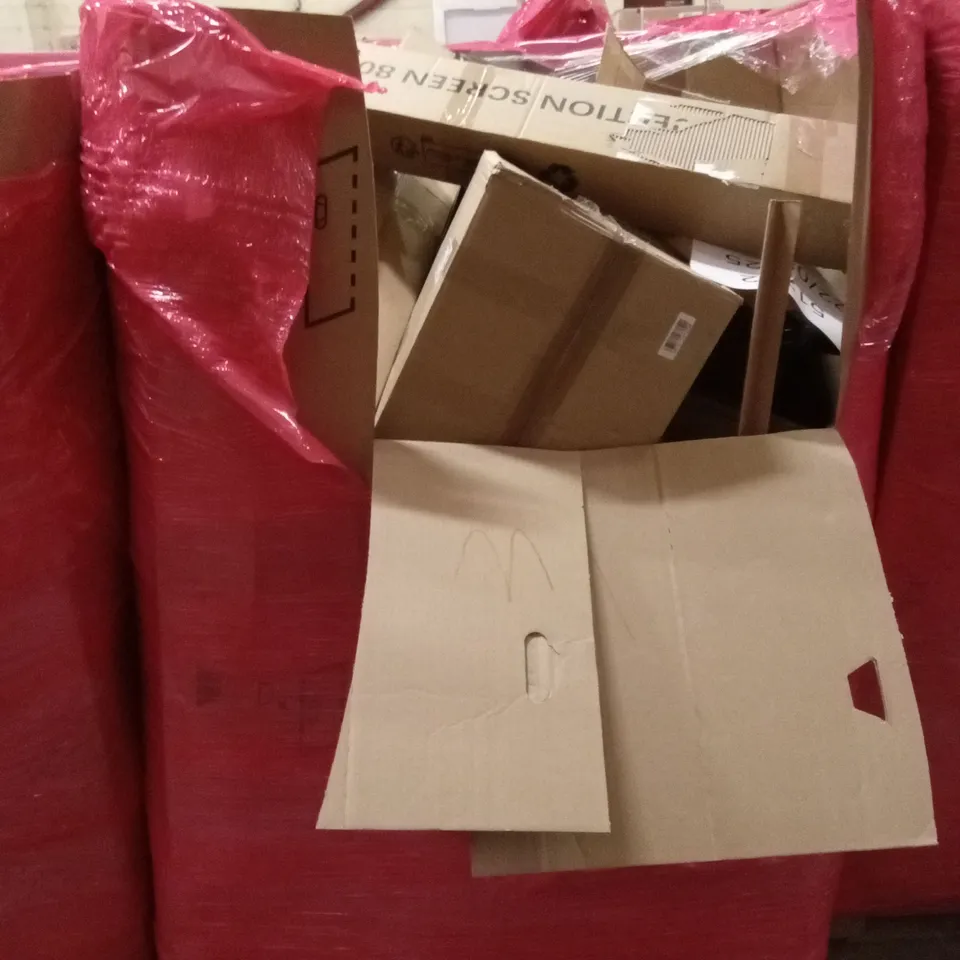 PALLET OF ASSORTED HOUSEHOLD GOODS AND PRODUCTS TO INCLUDE; PROJECTION SCREEN, BOXED FURNITURE ETC 