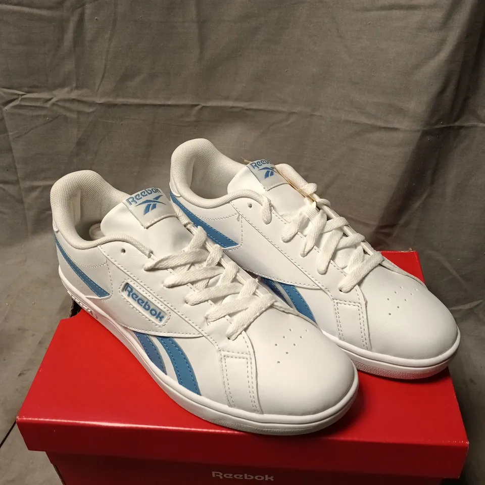 REEBOK WHITE & BLUE SNEAKERS – CLASSIC LEATHER STYLE, BOXED SIZE 5