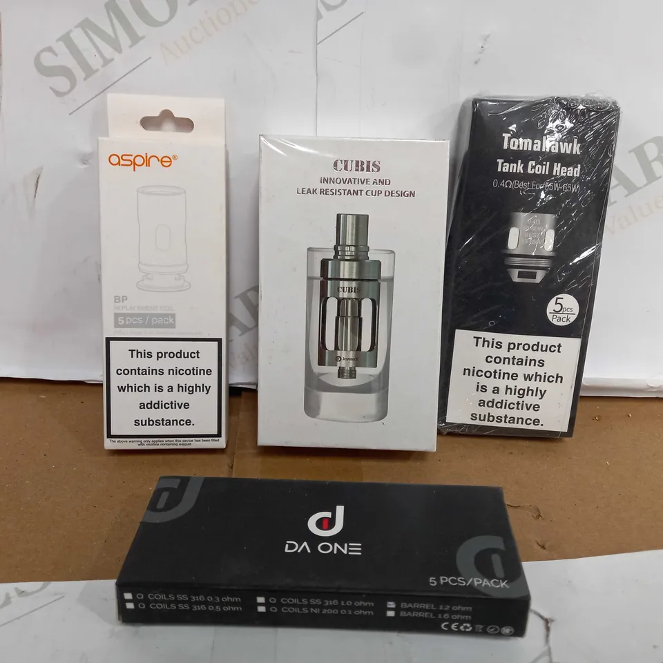 BOX OF APPROX 10 ITEMS TO INCLUDE CUBIS ATOMIZER, ASPIRE COIL, TOMAHAWK TAK COIL HEAD