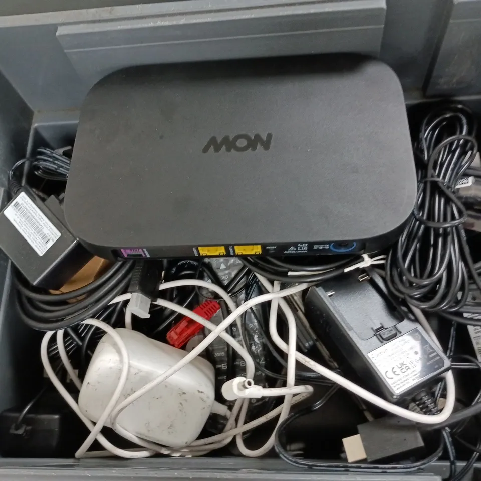 APPROXIMATELY 12 ASSORTED HOUSEHOLD ITEMS TO INCLUDE CABLES, ROUTERS, REMOTES, ETC
