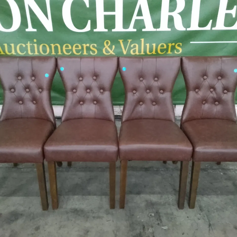 SET OF 4 NEW BEWLEY CLUB BROWN LEATHER BUTTON BACK DINING CHAIRS (DARK OAK LEG)