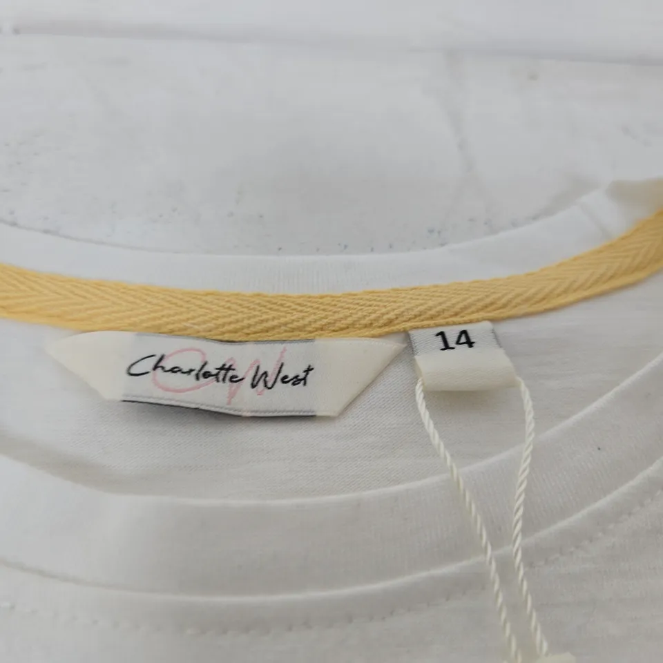 CHARLOTTE WEST WOMEN'S TOP – WHITE WITH PALE YELLOW STRIPES, UK 14