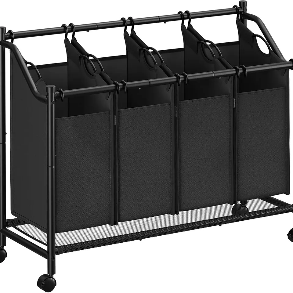 BOXED SONGMICS ROLLING LAUNDRY BASKET WITH 4 REMOVABLE BAGS, 4×45L, INK BLACK