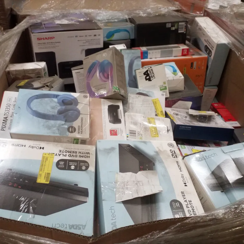 PALLET CONTAINING ASSORTED ELECTRICAL RETURNS INCLUDING BLUETOOTH CD BOOMBOX, ASSORTED HEADPHONES, PARTY SPEAKER SYSTEM, IN CAR WIRELESS CHARGER & BIG BUTTON LANDLINE PHONE