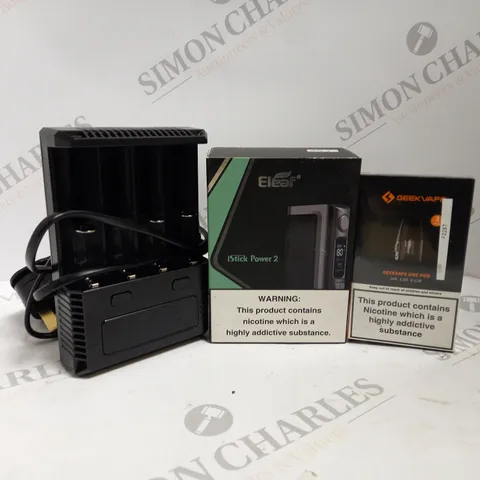 APPROXIMATELY 20 ASSORTED ITEMS TO INCLUDE NITECORE I4 INTELLICHARGER, ELEAF ISTICK POWER 2 VAPE KIT, GEEKVAPE ONE POD ETC.