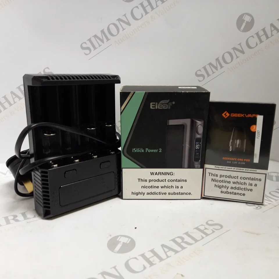 APPROXIMATELY 20 ASSORTED ITEMS TO INCLUDE NITECORE I4 INTELLICHARGER, ELEAF ISTICK POWER 2 VAPE KIT, GEEKVAPE ONE POD ETC.