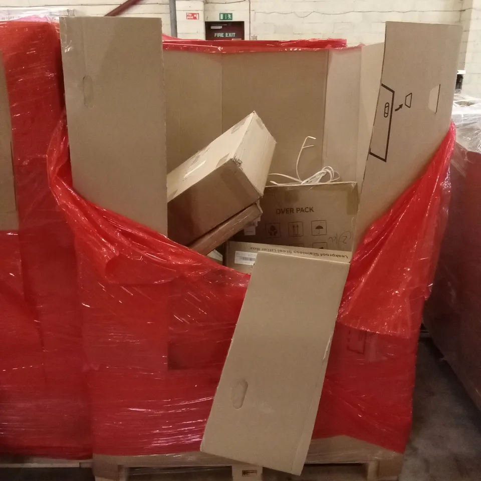 PALLET OF ASSORTED HOUSEHOLD GOODS AND PRODUCTS TO INCLUDE; STEAM CLEANERS, CAT LITTER BOXES, VANITY MIRRORS ETC