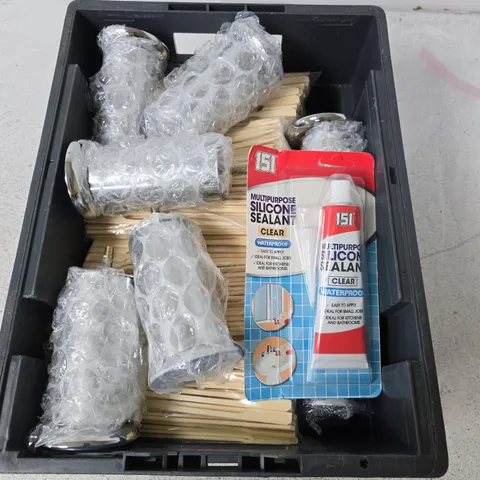 BOX CONTAINING A MIX OF 15 ASSORTED ITEMS INCLUDING  SILICONE SEALANT, CUTLERY ITEMS, ETC.