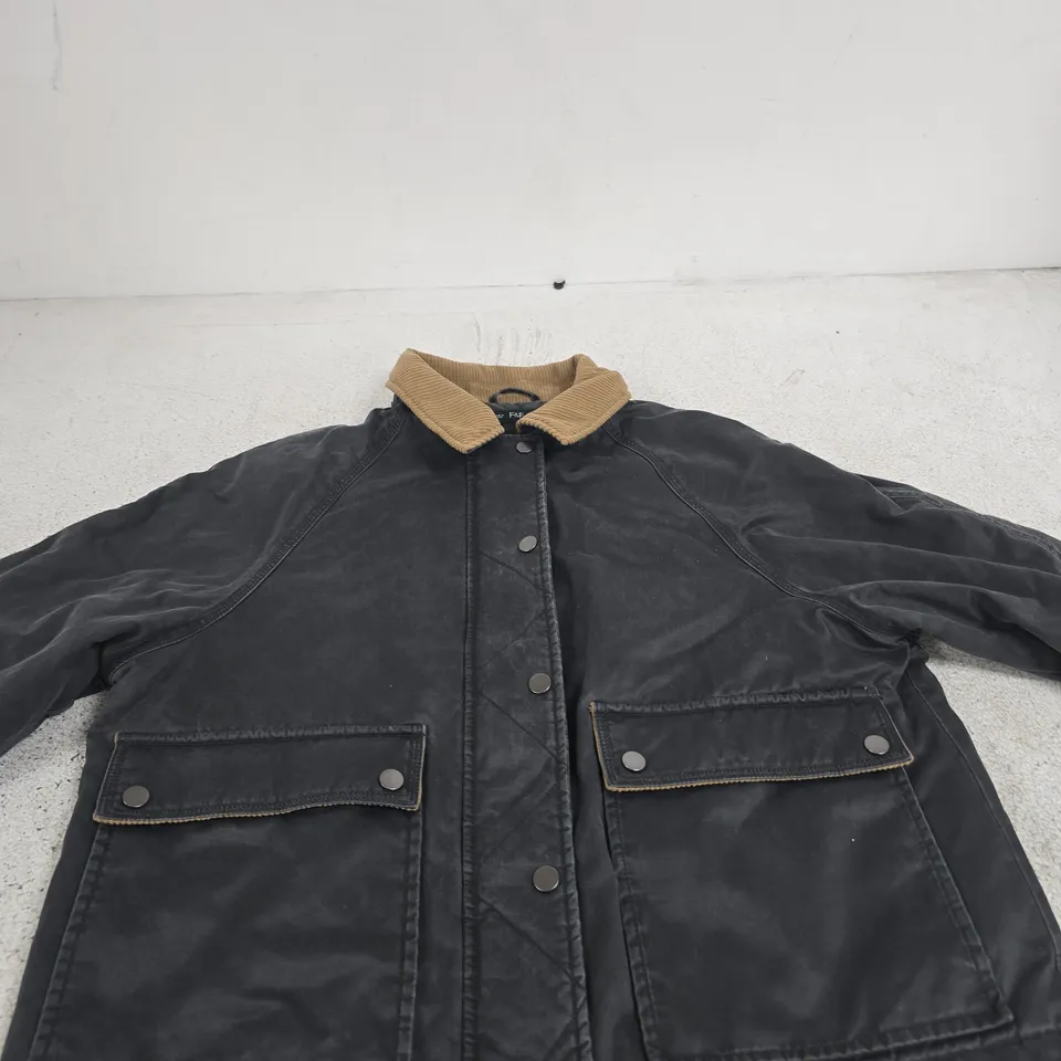 F&F BLACK JACKET WITH TAN CORDUROY COLLAR – UK M