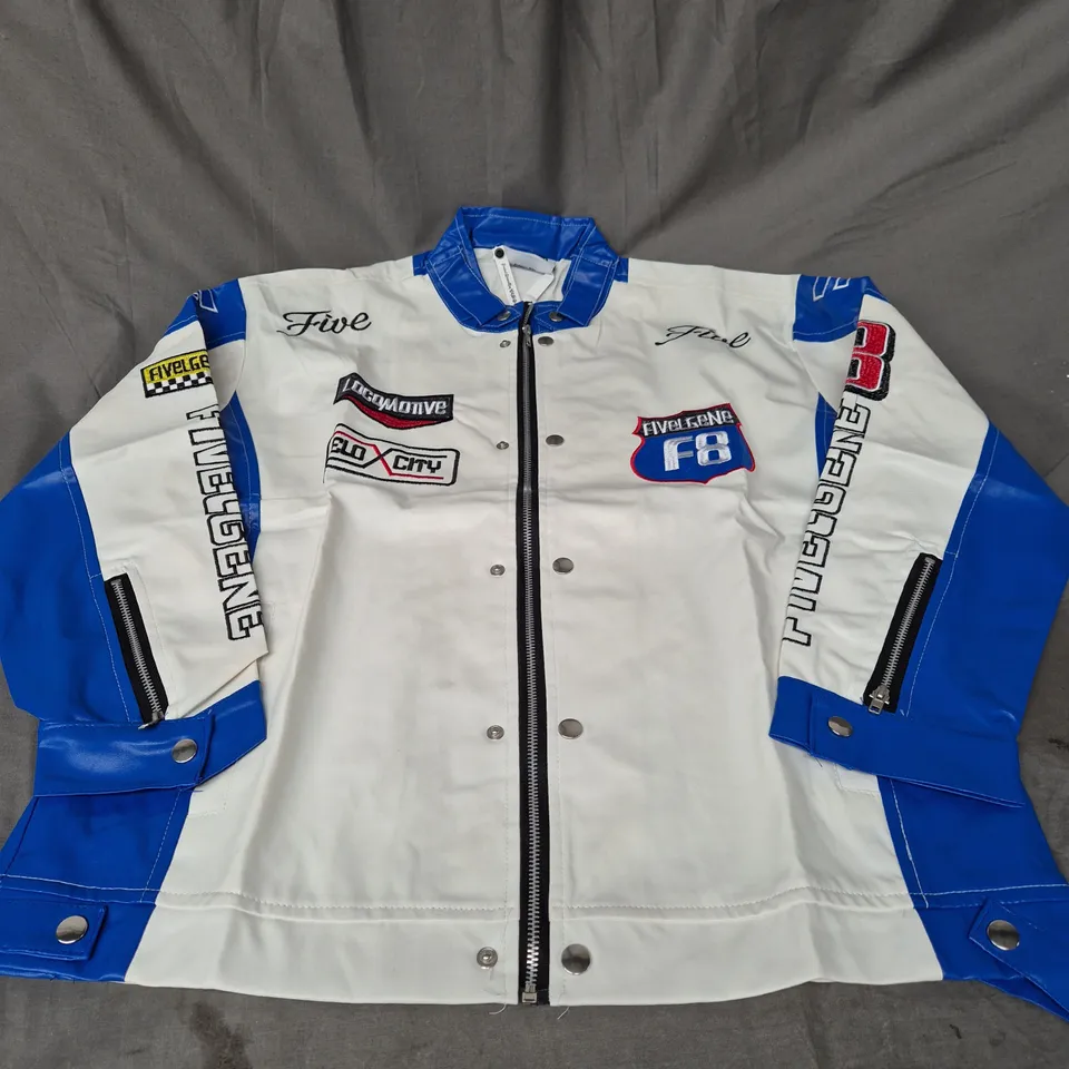 DISGUISEN EMBROIDERD JACKET IN WHITE/BLUE SIZE L 