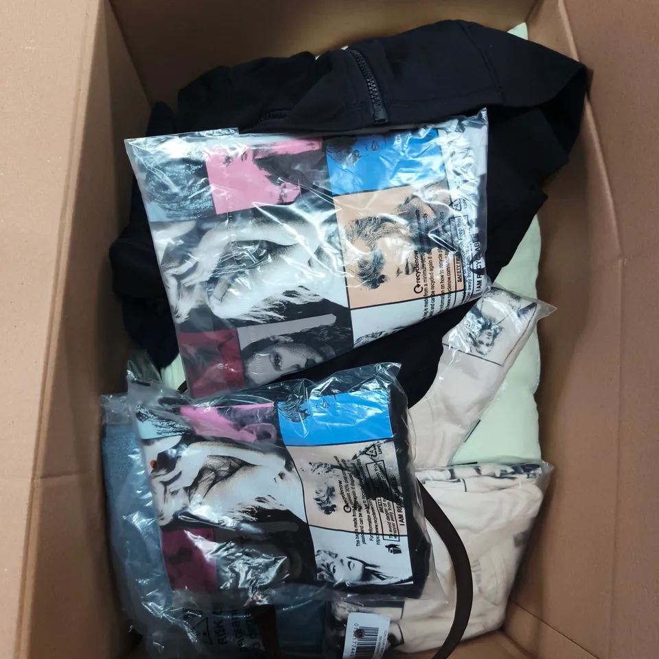 LARGE BOX OF APPROXIMATELY 25 ASSORTED CLOTHING ITEMS IN VARIOUS COLOURS, STYLES AND SIZES - COLLECTION ONLY