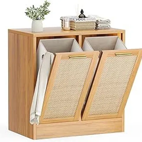 PAMAPIC LAUNDRY CABINET, BATHROOM CABINET WITH WITH BREATHABLE REAL RATTAN DESIGN, CLOTHES STORGE BASKET WITH 2 REMOVABLE LAUNDRY BASKETS, BATHROOM STORAGE UNIT, ANTI-TIP, 66×39,5×68CM, NATUREL