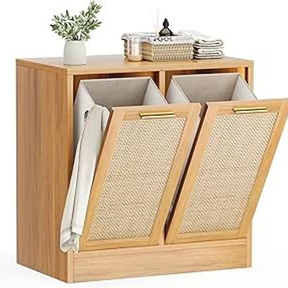 PAMAPIC LAUNDRY CABINET, BATHROOM CABINET WITH WITH BREATHABLE REAL RATTAN DESIGN, CLOTHES STORGE BASKET WITH 2 REMOVABLE LAUNDRY BASKETS, BATHROOM STORAGE UNIT, ANTI-TIP, 66×39,5×68CM, NATUREL