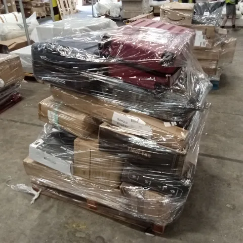 PALLET OF ASSORTED HOUSEHOLD GOODS AND PRODUCTS TO INCLUDE; CAMPING CHAIRS, SUITCASES, FAN, ELECTRIC BLANKET ETC 
