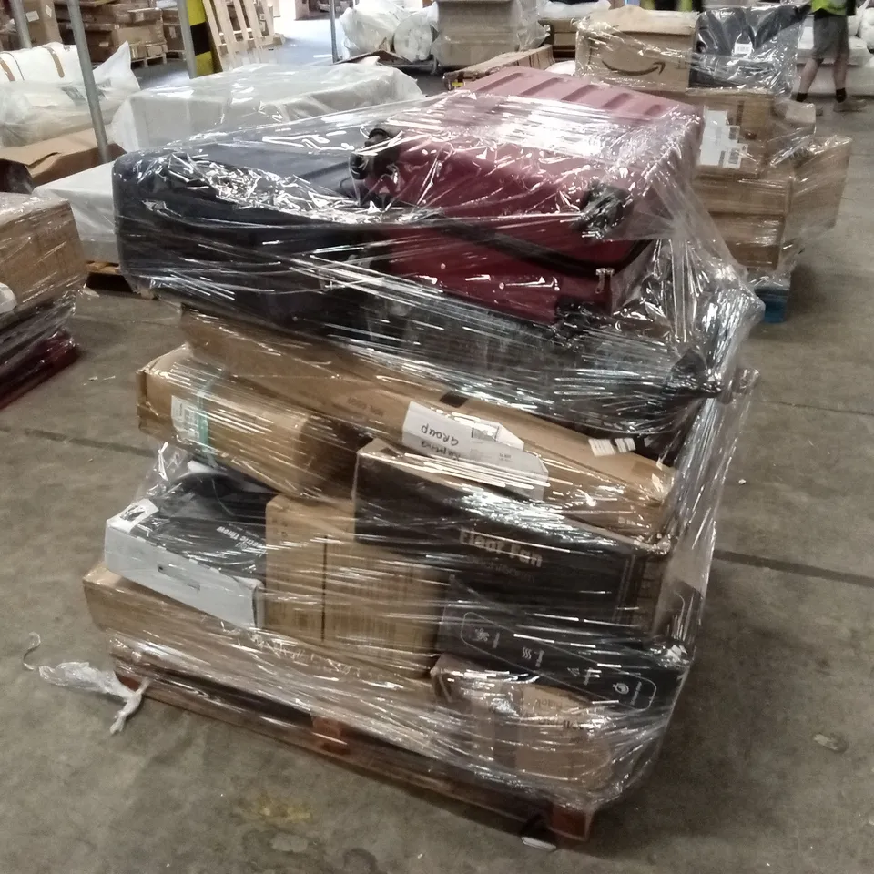 PALLET OF ASSORTED HOUSEHOLD GOODS AND PRODUCTS TO INCLUDE; CAMPING CHAIRS, SUITCASES, FAN, ELECTRIC BLANKET ETC 