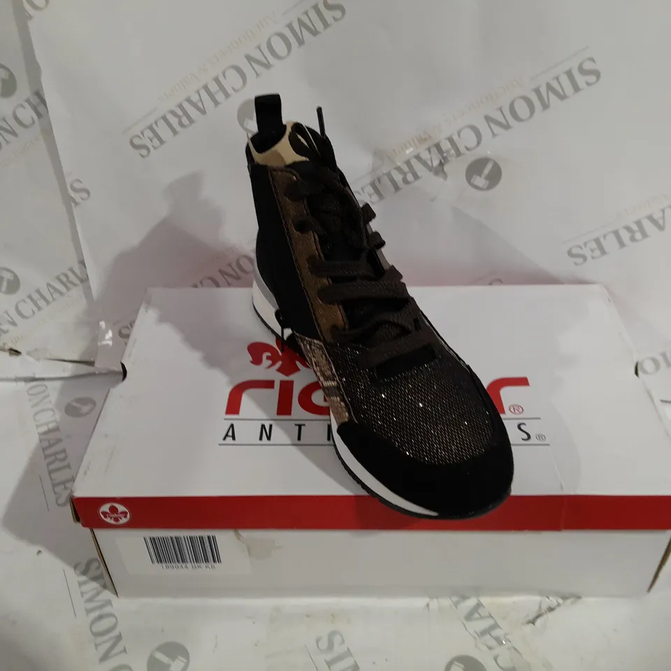 BOXED PAIR OF RIEKER HIGH TOP BOOTS IN BLACK - SIZE 5