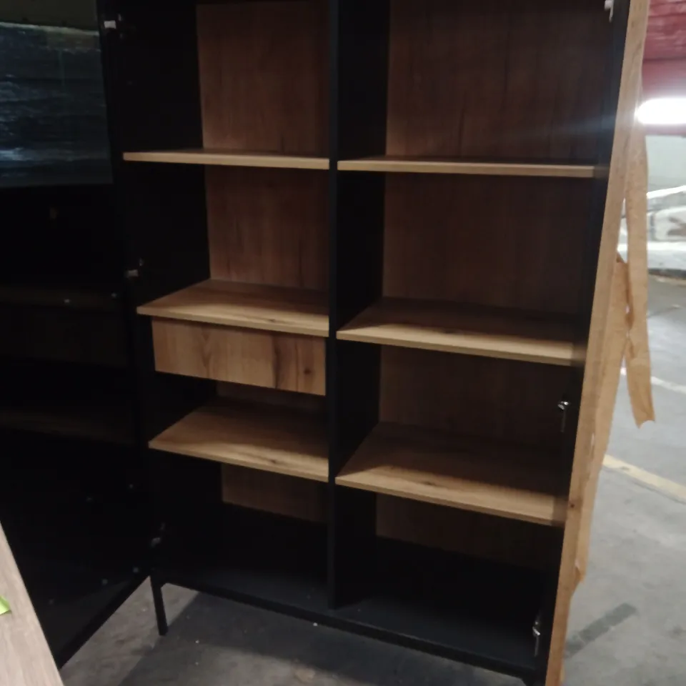 FREESTANDING CABINET WITH STRIPED WOOD FRONT PANEL