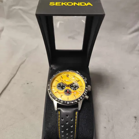 SEKONDA CHRONOGRAPH WATCH – YELLOW DIAL, BLACK PERFORATED STRAP