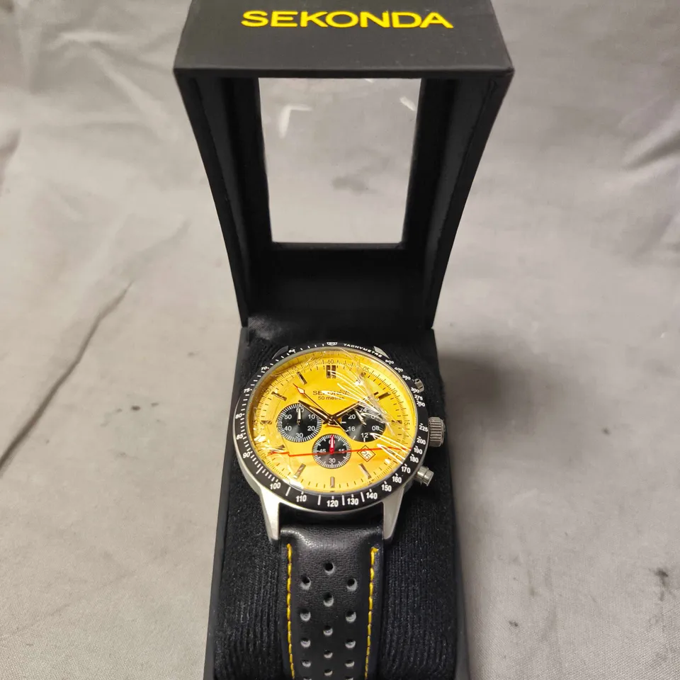 SEKONDA CHRONOGRAPH WATCH – YELLOW DIAL, BLACK PERFORATED STRAP
