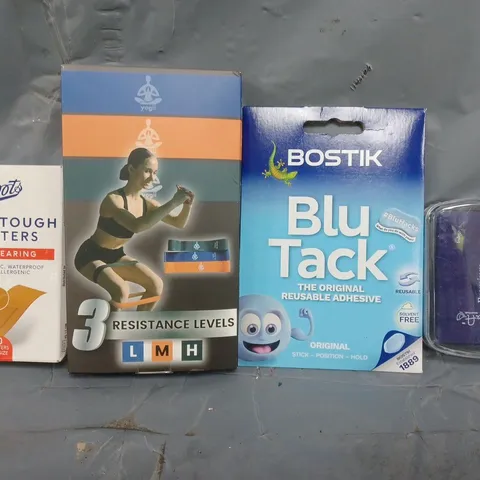 APPROXIMATELY 15 ASSORTED HOUSEHOLD ITEMS TO INCLUDE BLU-TACK, RESISTANCE BANDS, EXTRA TOUGH PLASTERS, ETC